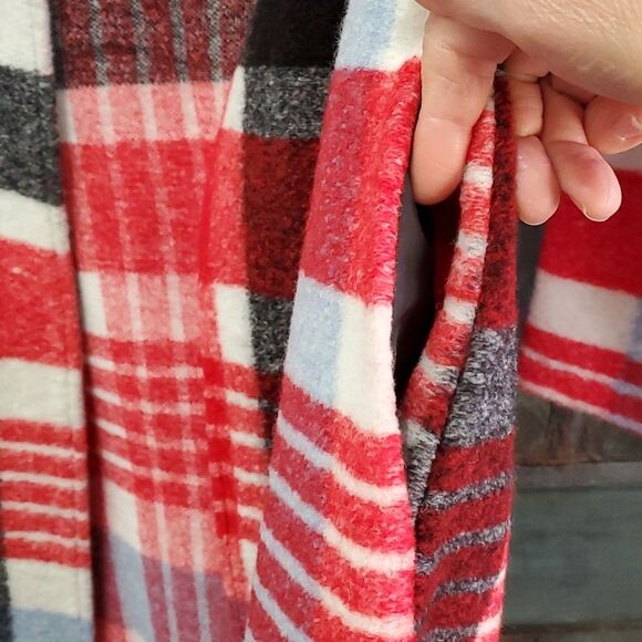 CYNTHIA ROWLEY Crew Neck Red Multicolor Plaid Wool Blend Tweed Coat, Size Small - Picture 4 of 8